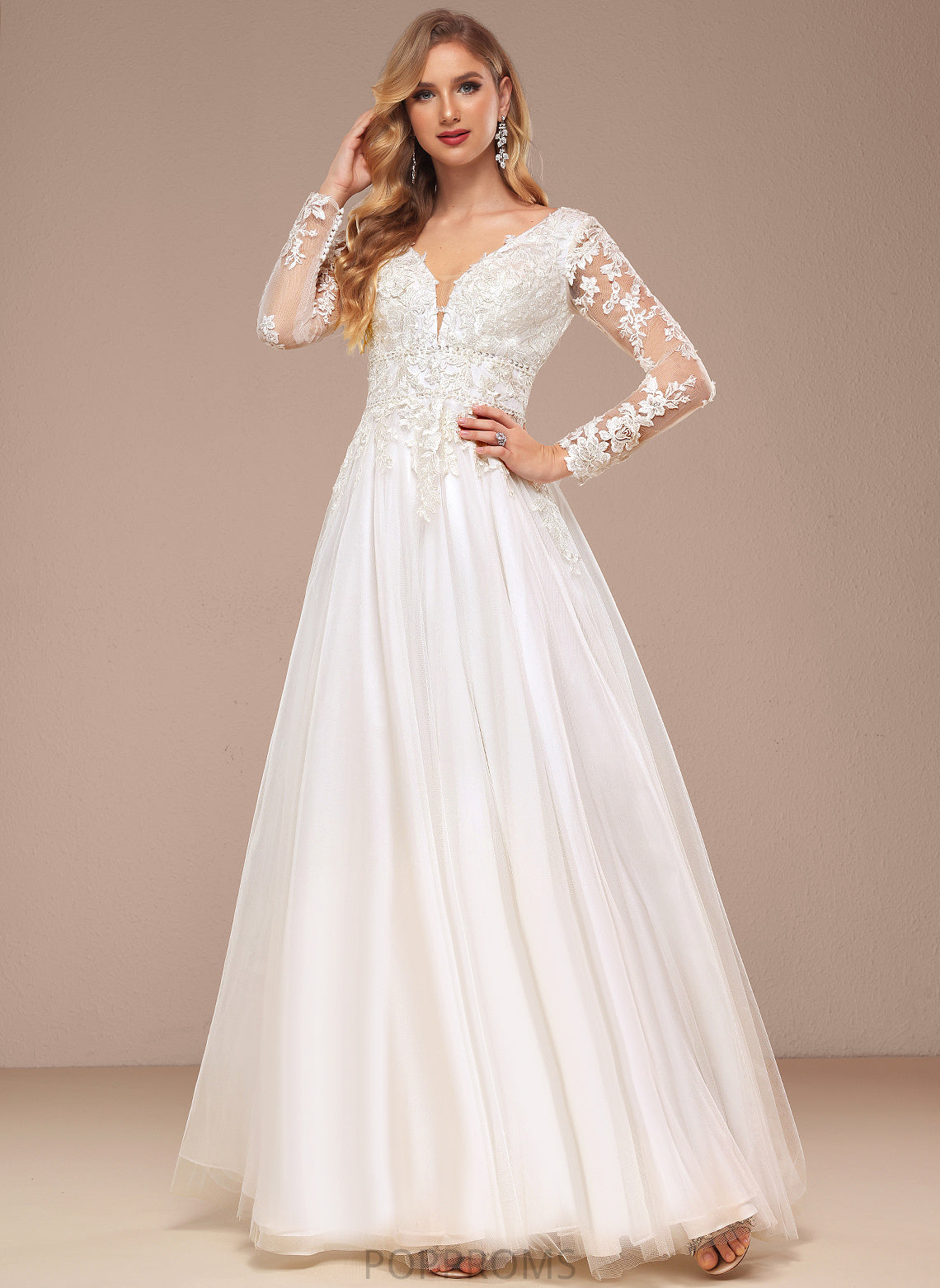 Lace A-Line Wedding Floor-Length Dress With Wedding Dresses Sequins Beading Tulle V-neck Charlee