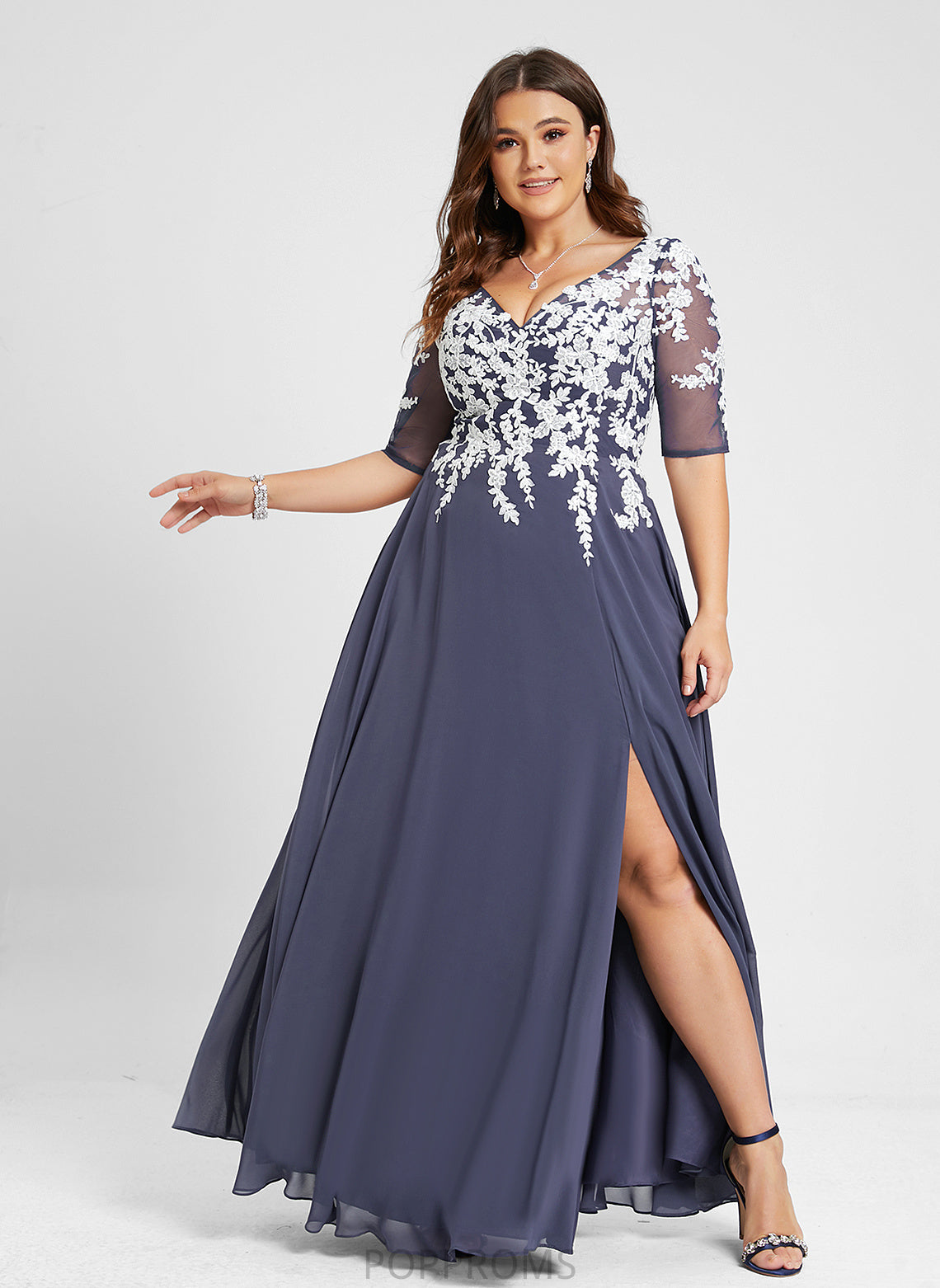 Chiffon Floor-Length V-neck Alma Lace A-Line Prom Dresses