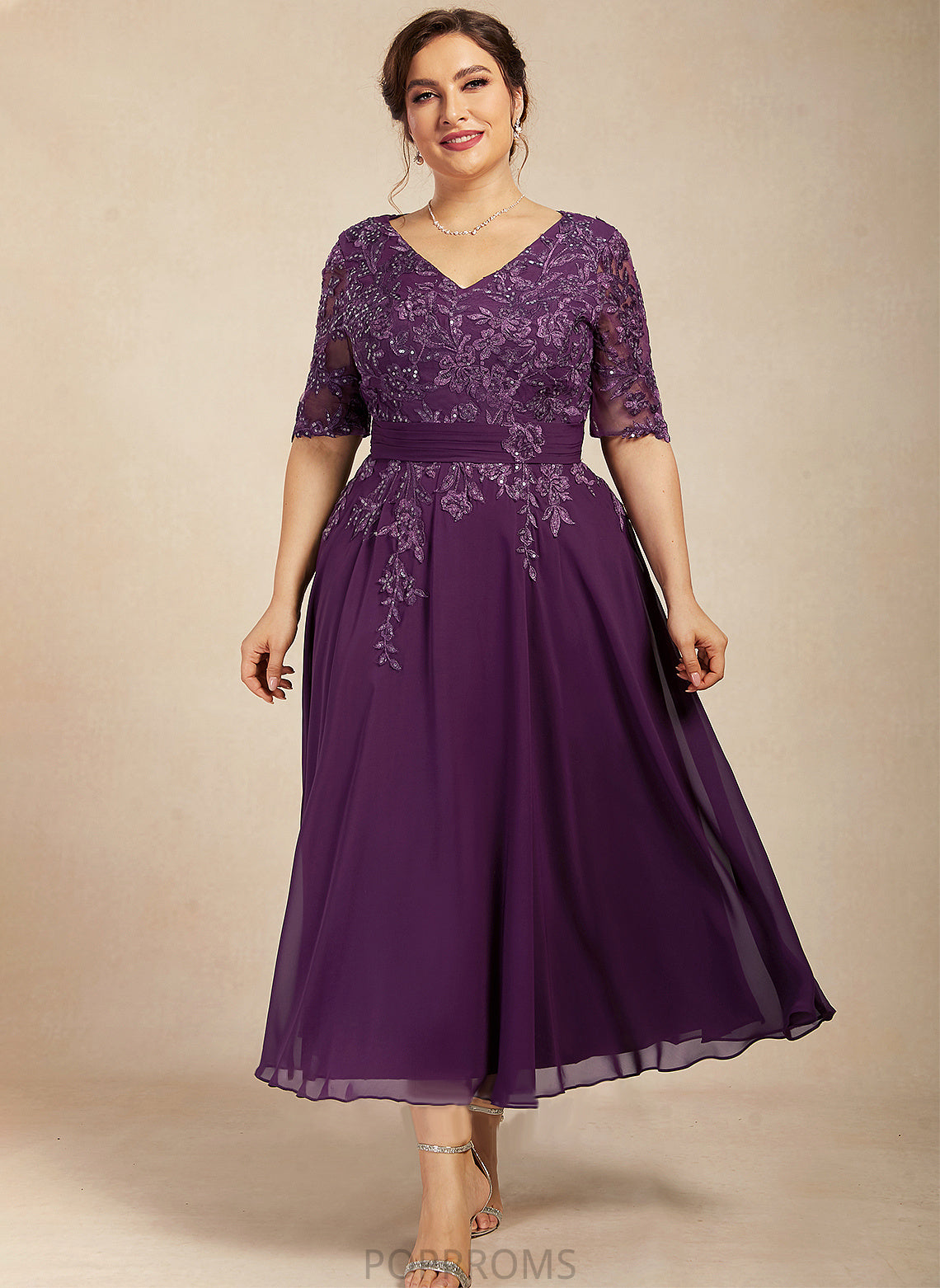 Tea-Length With Bride Mother of the Bride Dresses Chiffon Sequins of Mother A-Line V-neck Lace the Mallory Dress