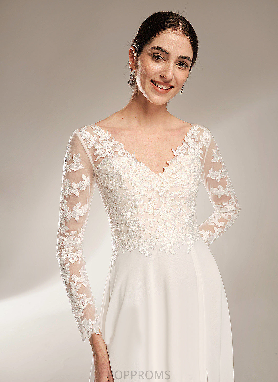 Split Wedding Dresses A-Line Wedding Dress Floor-Length With Lace V-neck Front Chiffon Shiloh