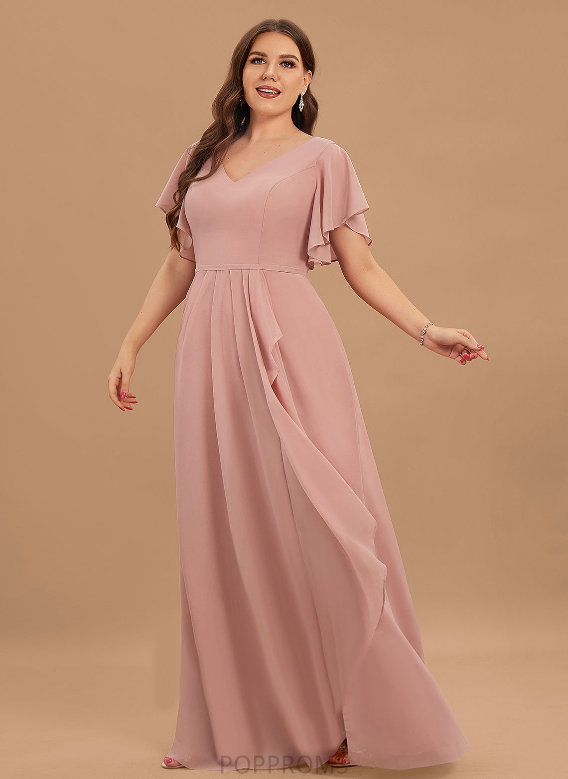 Silhouette Length Ruffle Embellishment V-neck A-Line SplitFront Floor-Length Neckline Fabric Deborah Scoop Bridesmaid Dresses