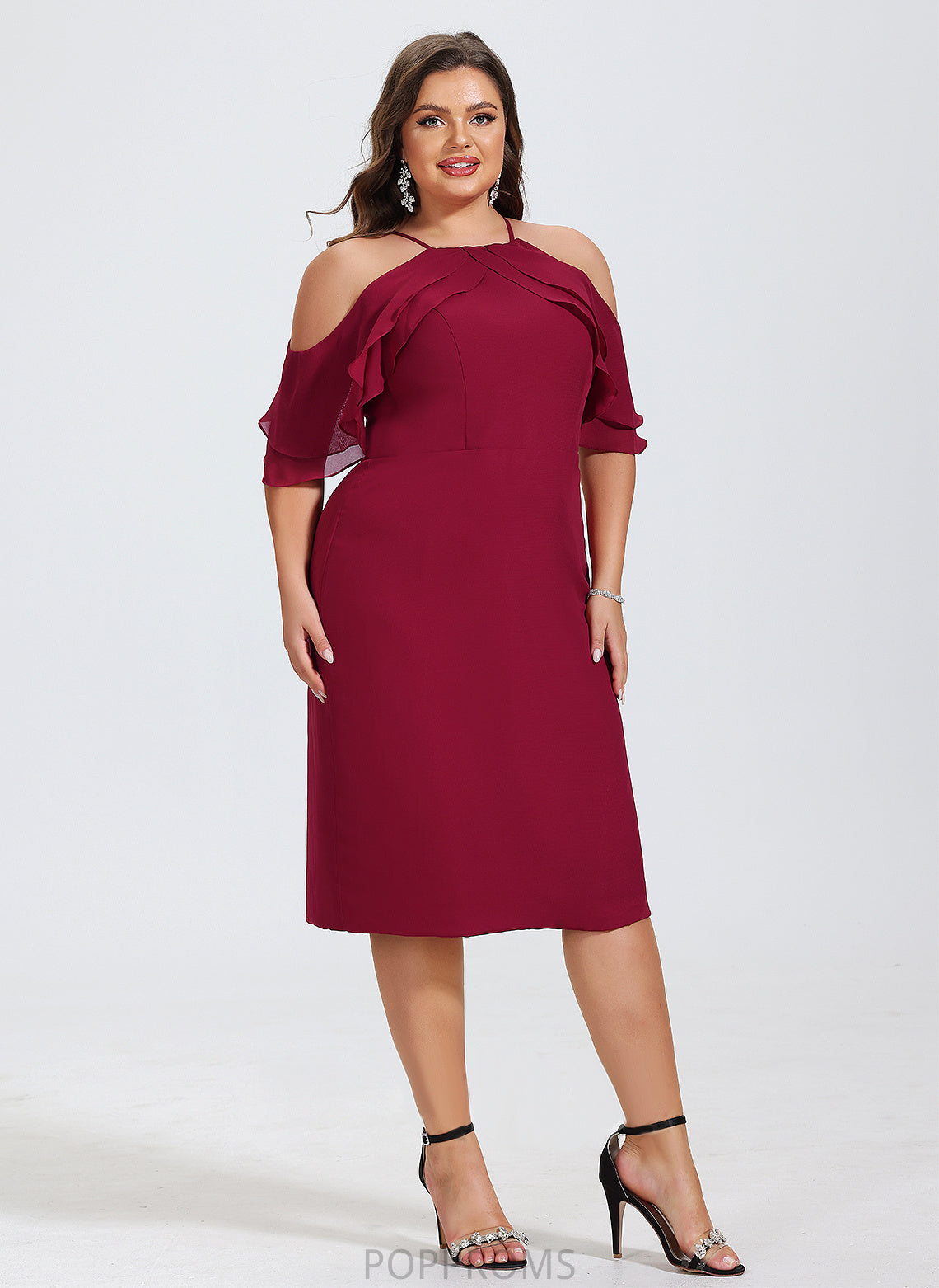 Dress Lilyana Sheath/Column Knee-Length Chiffon Ruffles Square Cocktail Cascading With Neckline Cocktail Dresses