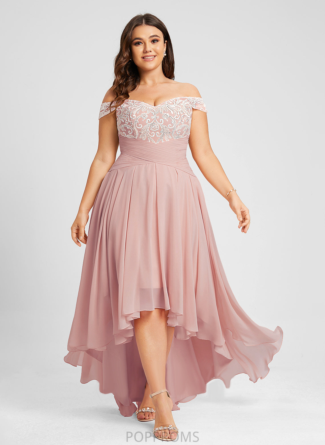 Hilary A-Line Off-the-Shoulder Asymmetrical Chiffon With Lace Prom Dresses Pleated