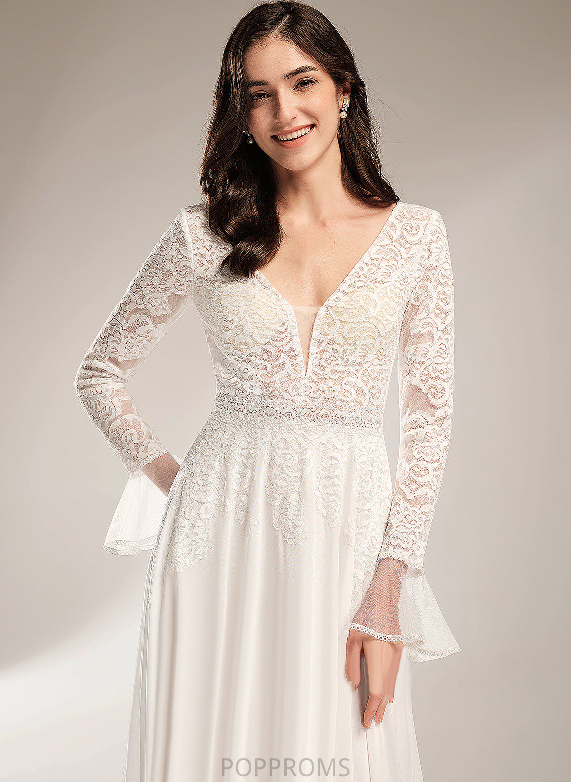 V-neck With Chiffon A-Line Lace Ruffle Wedding Train Dress Court Wedding Dresses Anabel