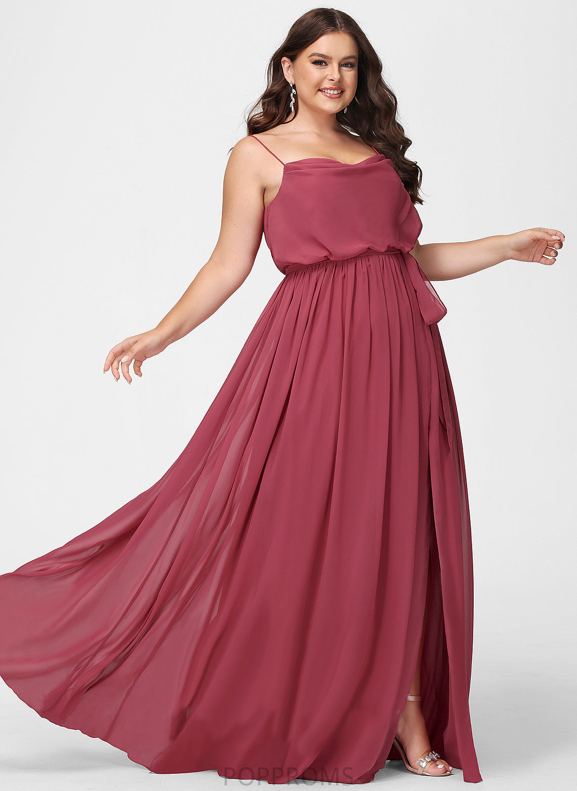 Neckline Silhouette Length A-Line Ruffle Fabric CowlNeck Floor-Length Embellishment SplitFront Mattie Sleeveless Bridesmaid Dresses