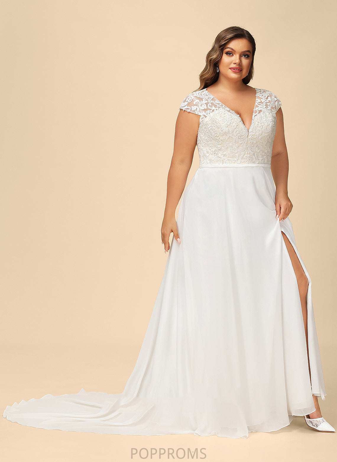 Sweep Split With Lace Front Train A-Line V-neck Wedding Dress Wedding Dresses Simone Chiffon