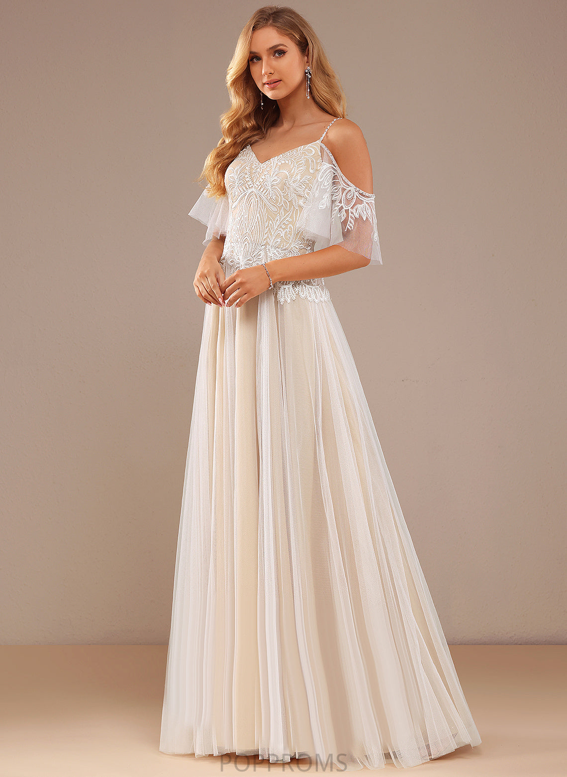 Alaina Tulle Beading Lace Wedding A-Line Lace Dress Ruffle With Floor-Length V-neck Wedding Dresses Sequins