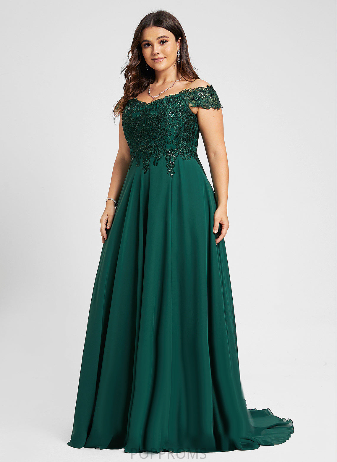 Off-the-Shoulder Train Lace Sweep With A-Line Lillie Chiffon Prom Dresses Sequins