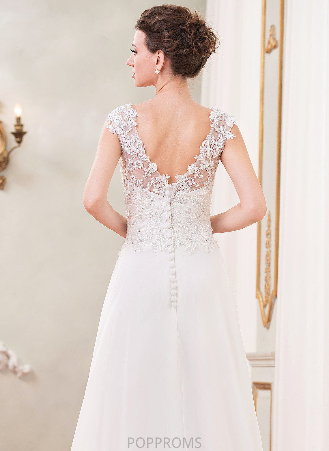 Beading Sequins Lace Wedding Dresses With Sweep Wedding Chiffon Train A-Line Dress V-neck Giovanna