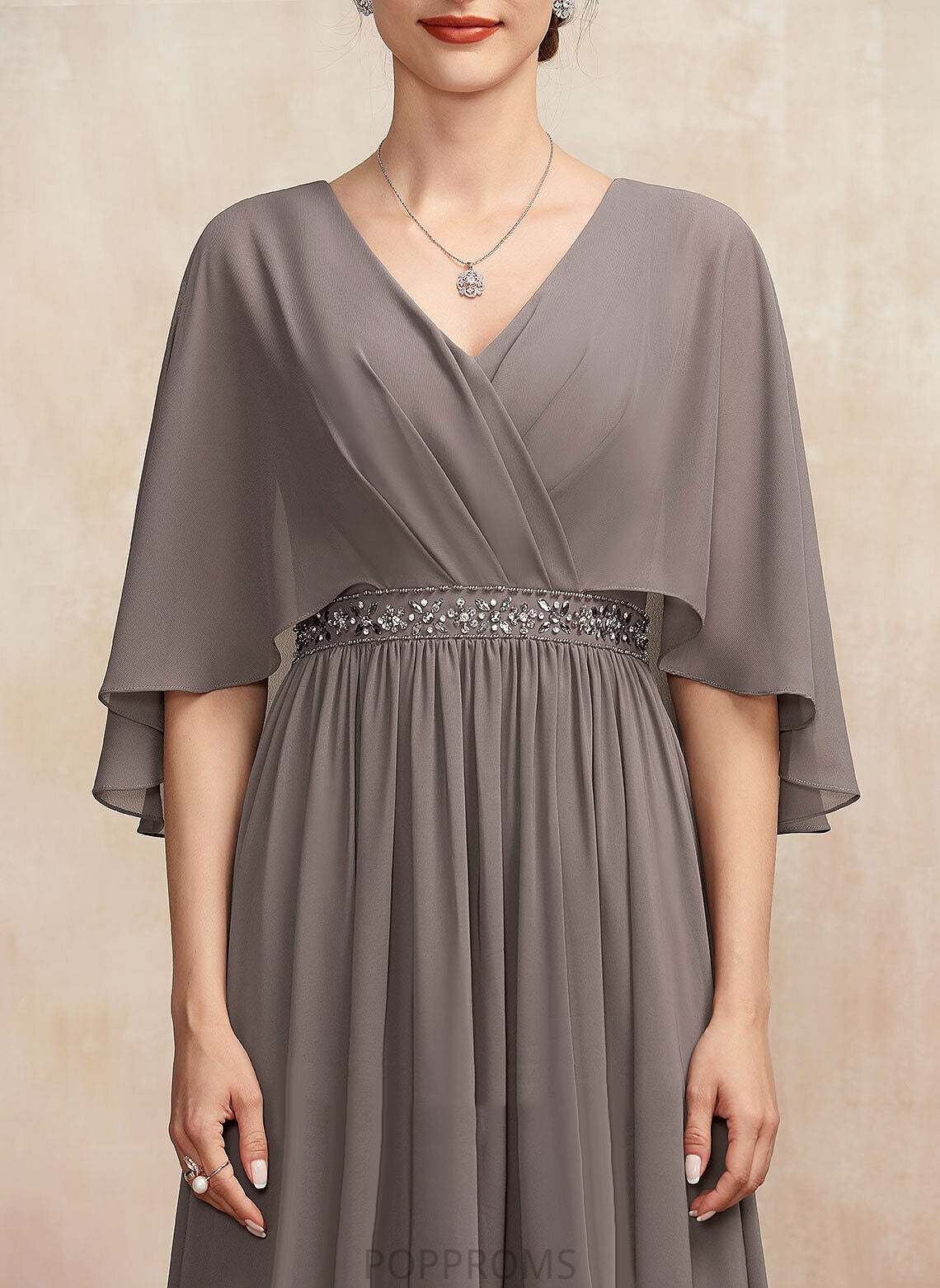 A-Line Janey Chiffon Cocktail Dress Ruffle With Cocktail Dresses V-neck Ankle-Length Beading