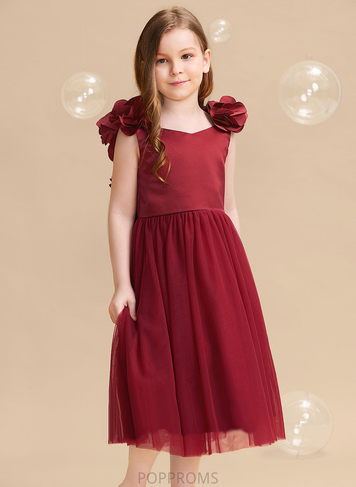 Dress Satin/Tulle Girl Flower - A-Line Flower Girl Dresses Tea-length Abril Flower(s)/Bow(s) Sleeveless With V-neck