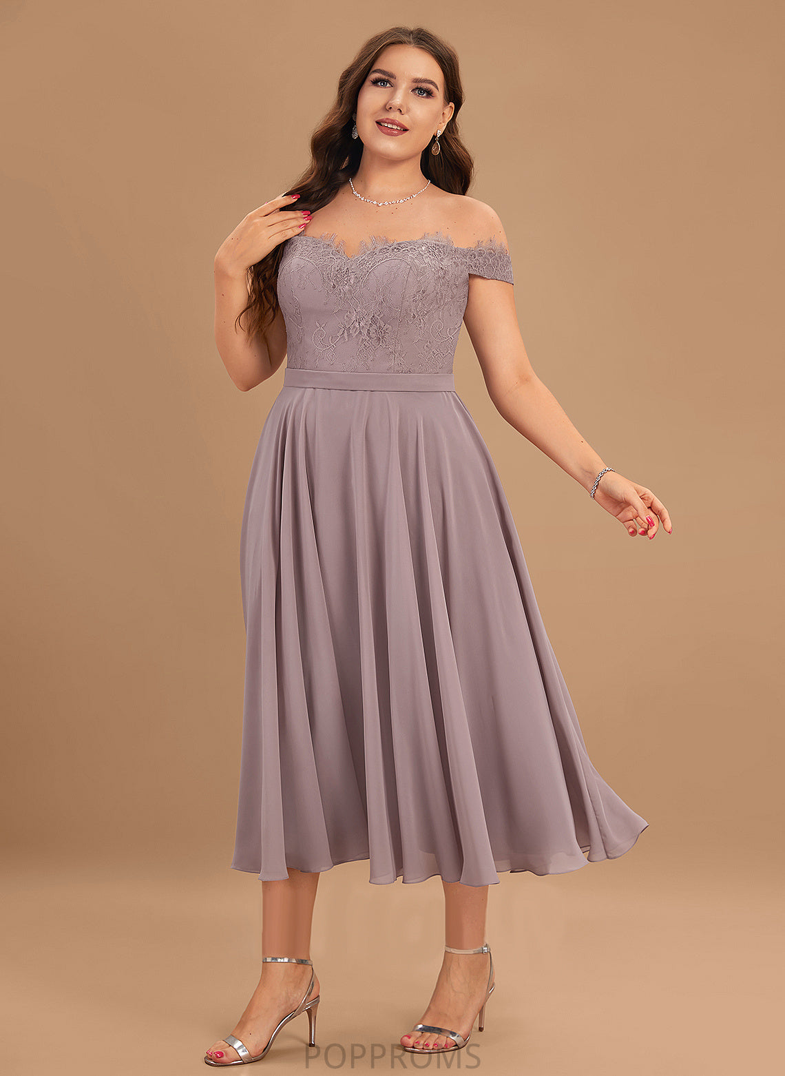 Length Silhouette Tea-Length Beading A-Line Embellishment Neckline Off-the-Shoulder Fabric Yasmin Spaghetti Staps Sleeveless Bridesmaid Dresses