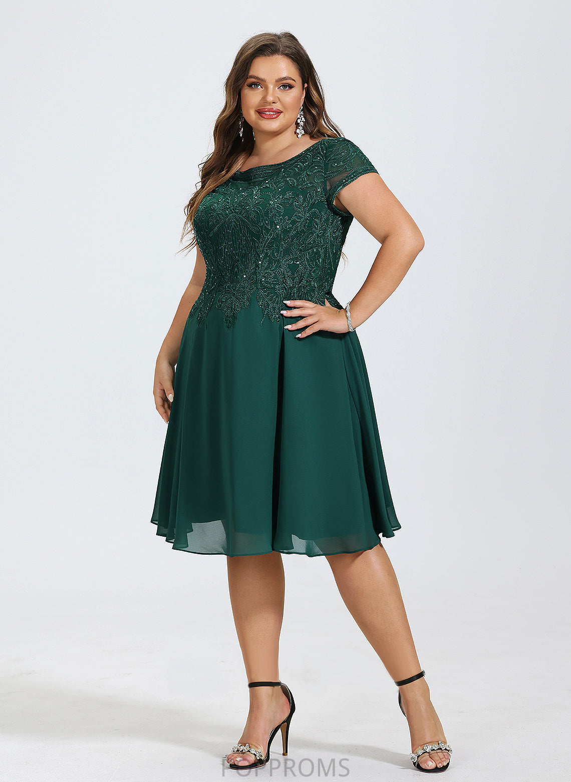 Jazlene With A-Line Neck Cocktail Dress Knee-Length Sequins Chiffon Lace Cocktail Dresses Scoop