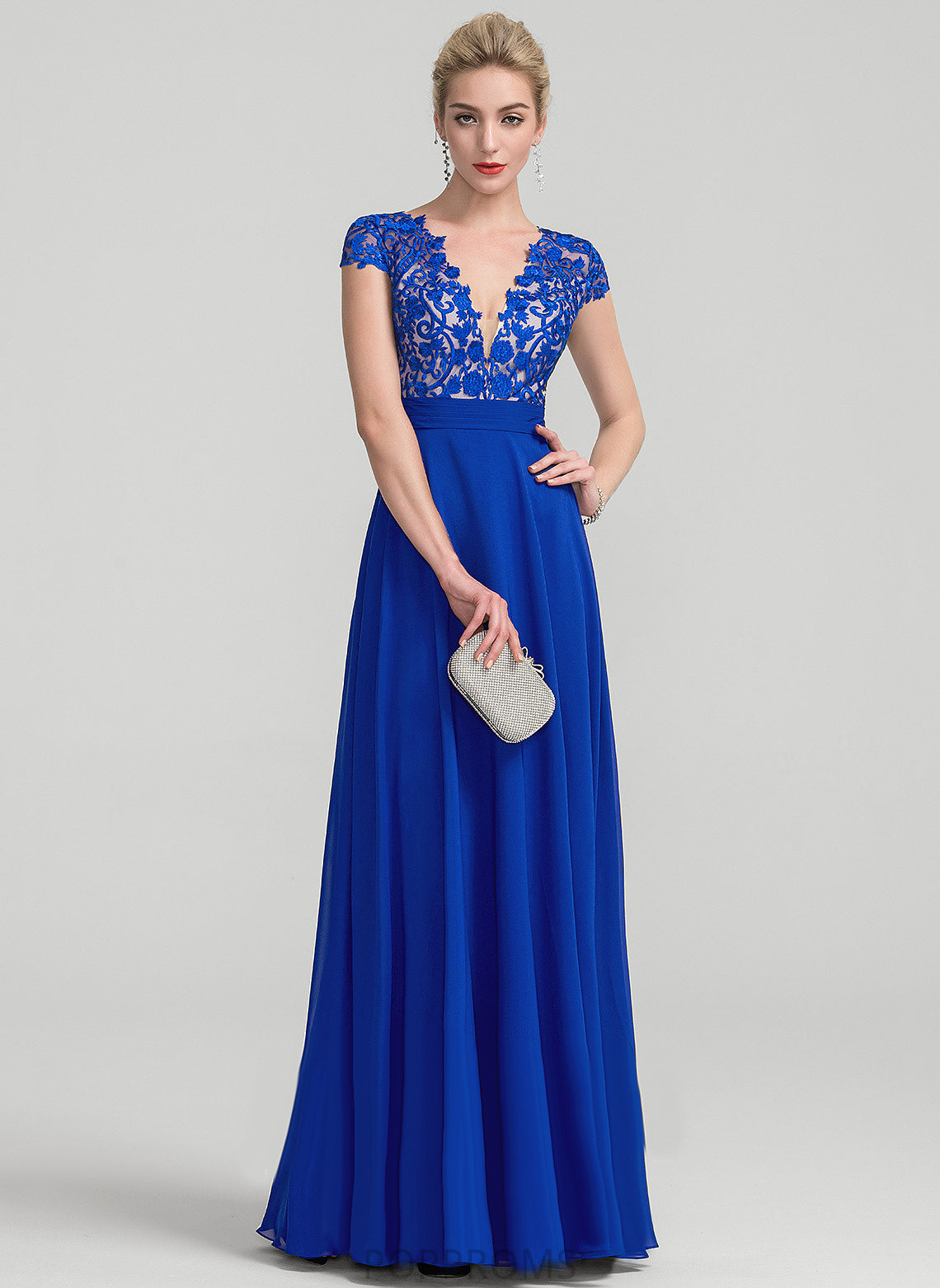 V-neck Lace Floor-Length With Chiffon Damaris Ruffle A-Line Prom Dresses