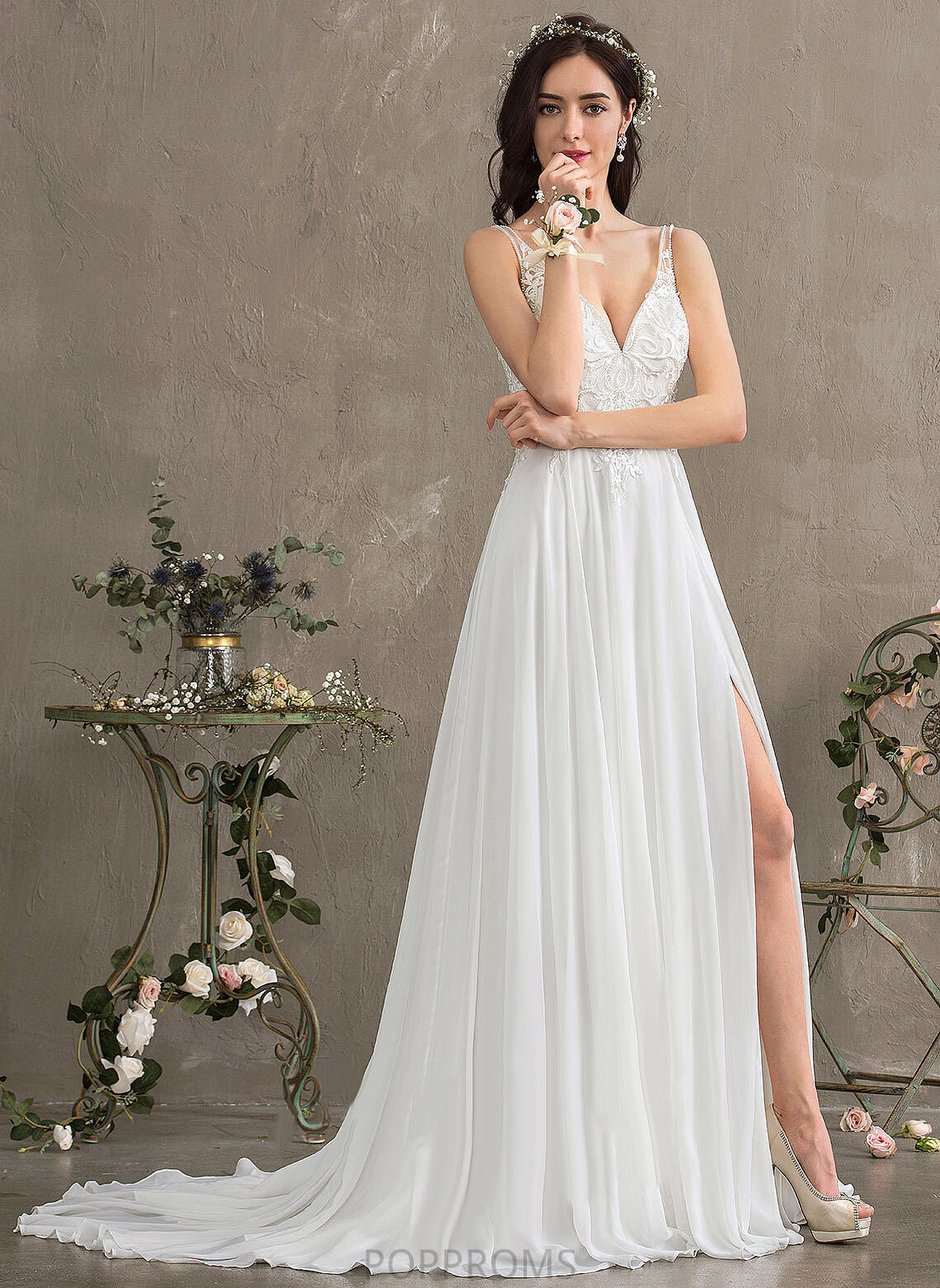 Wedding Chiffon Front A-Line Malia Split Dress Sequins Beading With Lace Sweep V-neck Train Wedding Dresses