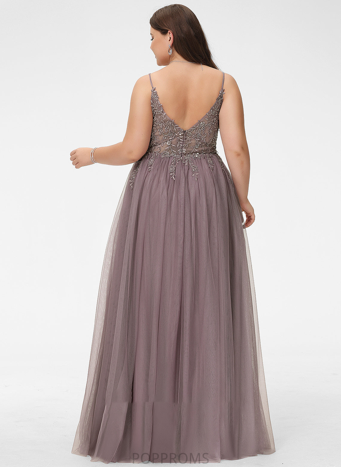 Lace Ball-Gown/Princess Beading Sequins Prom Dresses V-neck Floor-Length Front Split Tulle With Gabriela