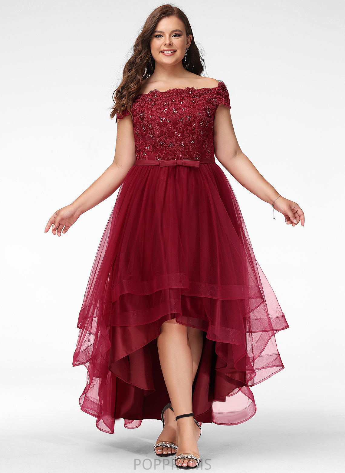 With Off-the-Shoulder A-Line Sequins Lace Tulle Asymmetrical Diya Beading Bow(s) Prom Dresses