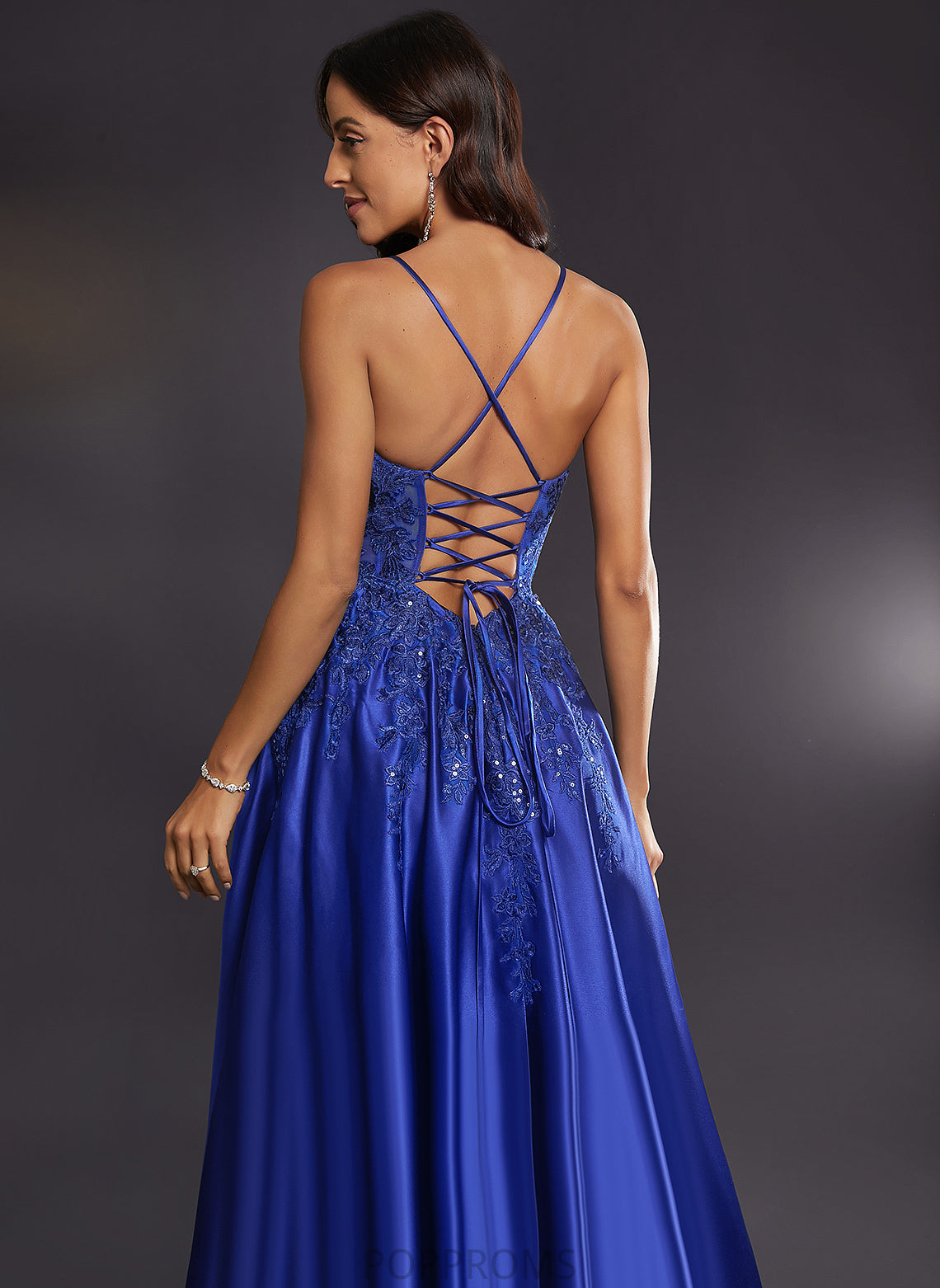 With Satin V-neck Suzanne Sequins Floor-Length A-Line Prom Dresses