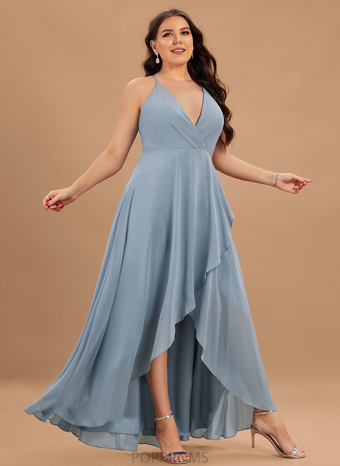 Neckline Length Asymmetrical A-Line Silhouette V-neck Straps Fabric Mareli Sleeveless Natural Waist Floor Length Bridesmaid Dresses