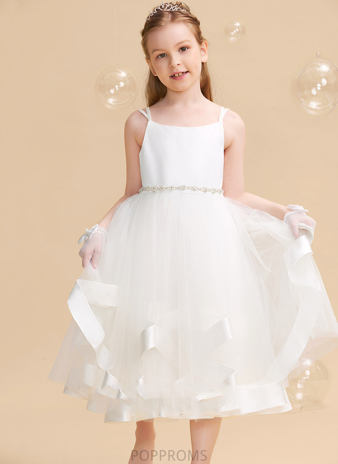 Flower Girl Straps Dress Flower Girl Dresses Satin/Tulle Roberta With Tea-length A-Line Beading Sleeveless -