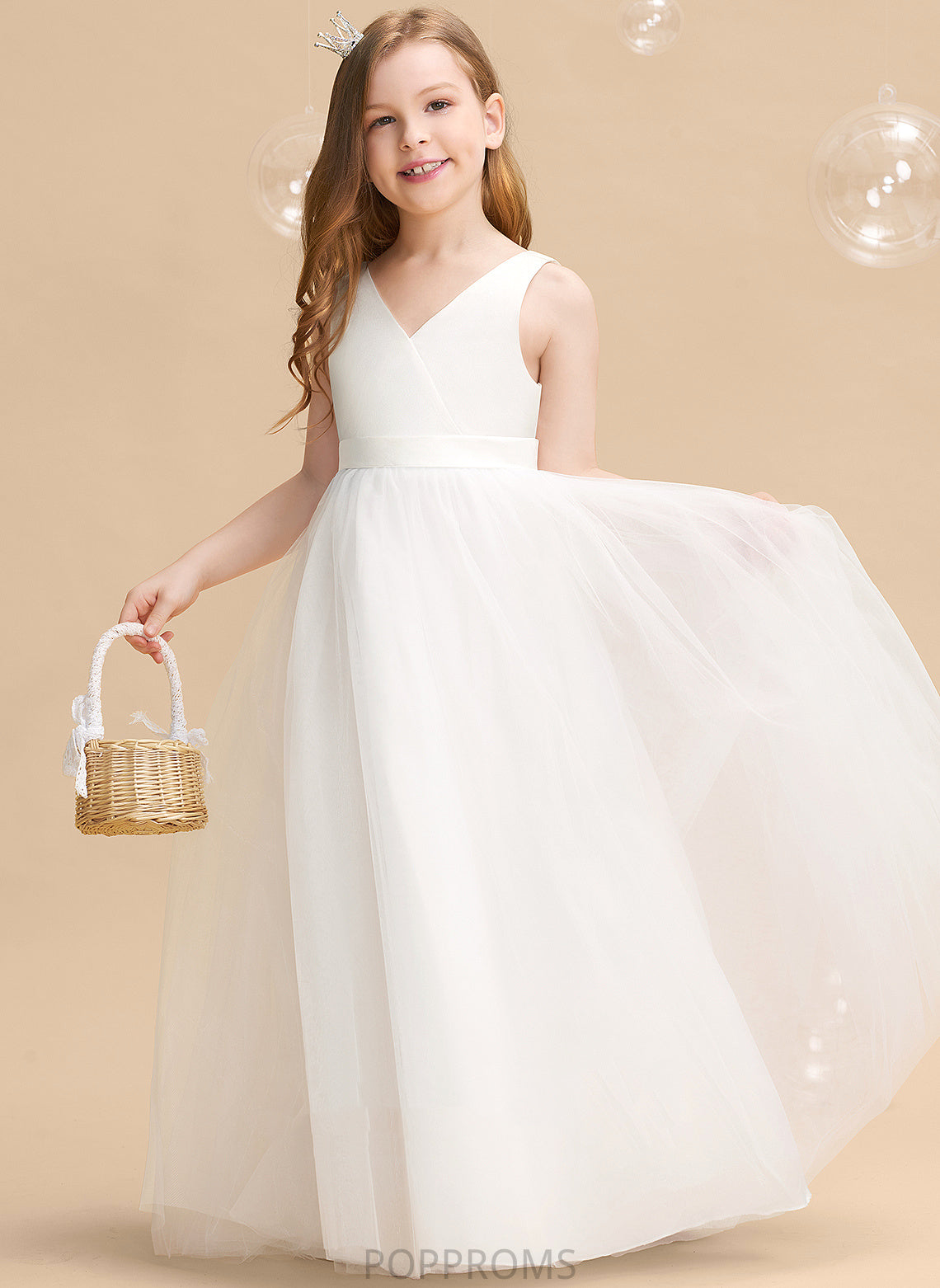 Girl Flower Girl Dresses V-neck Ball-Gown/Princess Myla Floor-length With Back Tulle Sleeveless Flower Bow(s)/V Dress -