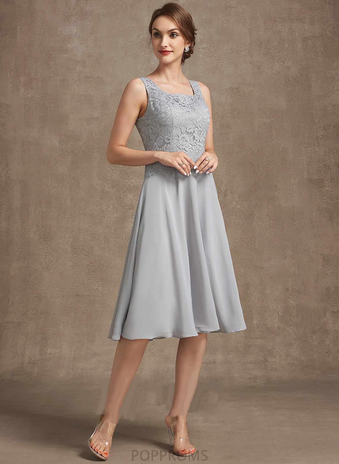 Neckline Dress the Square Knee-Length Caroline Bride of A-Line Chiffon Lace Mother of the Bride Dresses Mother