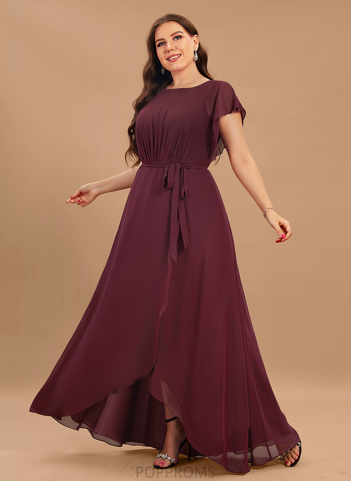 ScoopNeck Fabric Asymmetrical Neckline Embellishment A-Line Ruffle Length Silhouette Jakayla V-Neck Natural Waist Bridesmaid Dresses