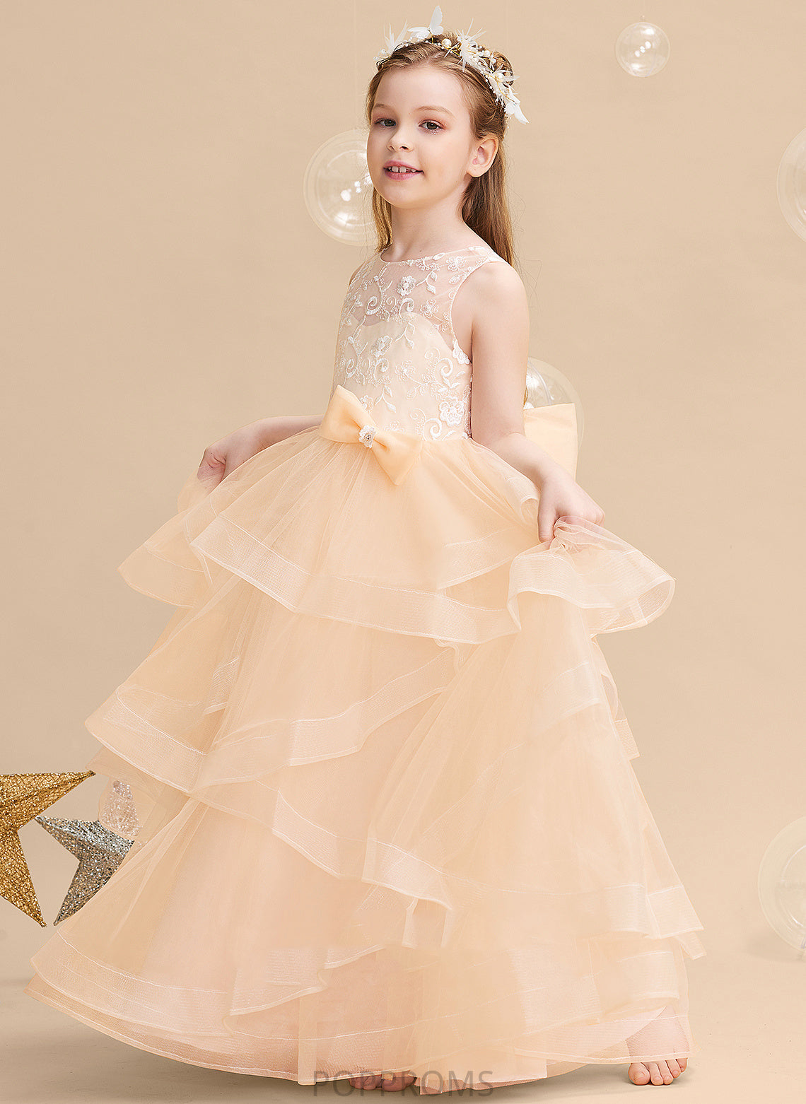 Girl Neck Flower Scalloped Floor-length Back Dress Flower Girl Dresses Lace/Flower(s)/Bow(s)/V Sleeveless Ball-Gown/Princess Tulle - With Marisol