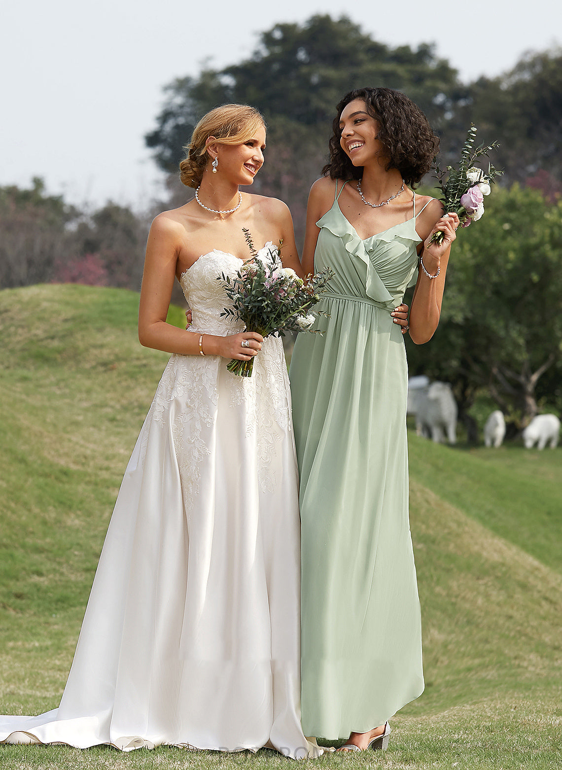 A-Line V-neck Neckline Silhouette Floor-Length Embellishment Ruffle Fabric Length Danika Sleeveless Floor Length Bridesmaid Dresses