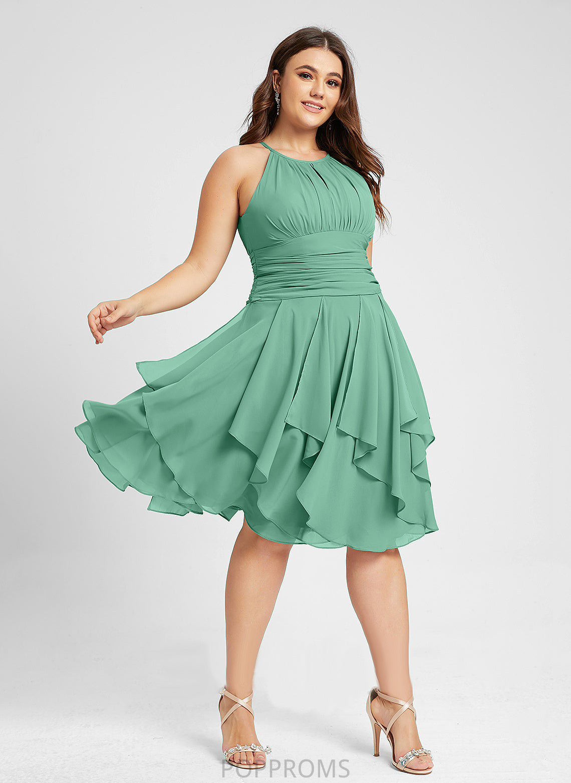 Knee-Length Cocktail Dress Scoop Cascading Chiffon A-Line Cocktail Dresses Ruffle Ruffles Lindsey With Neck