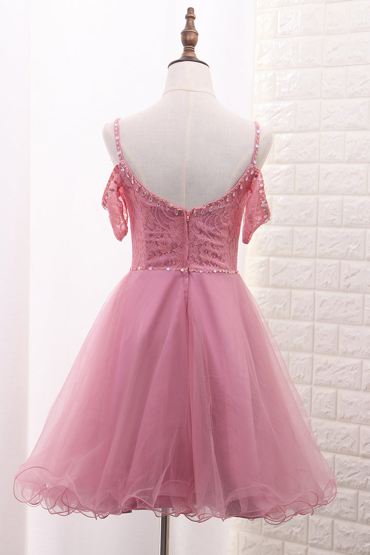 2024 A Line Tulle & Lace Spaghetti Straps Homecoming Dresses With Beads