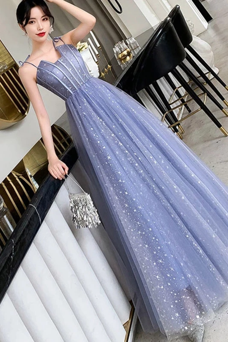 Unique Sparkle Straps Floor Length Tulle Prom Dress, A Line Sleeveless Evening Dresses