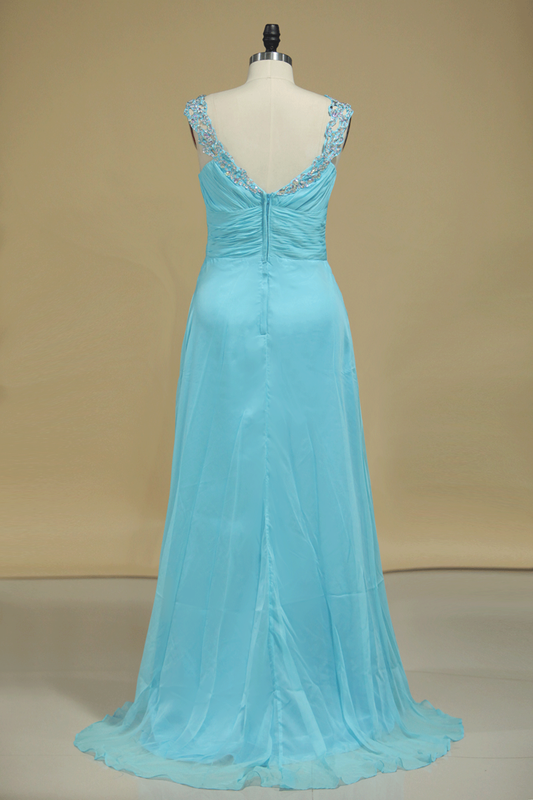 2024 Chiffon Prom Dresses V Neck With Beading A Line Sweep Train