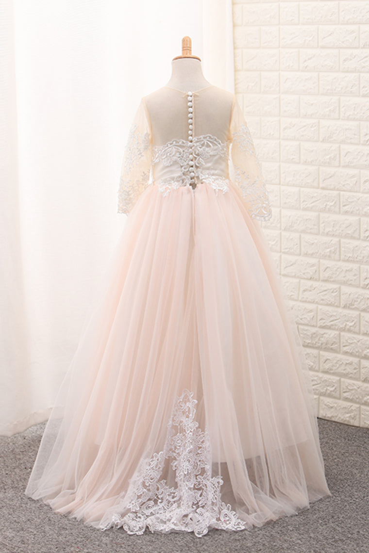 2024 Ball Gown Scoop Long Sleeves Flower Girl Dresses Tulle With Aplique