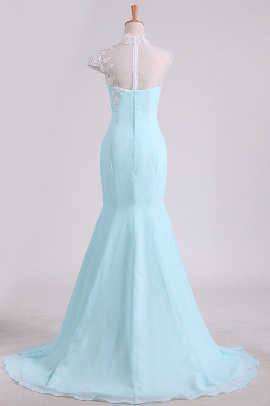 2024 Mermaid Prom Dresses High Neck Chiffon With Applique And Beads Sweep Train