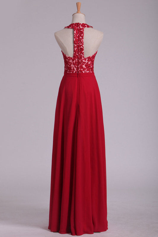 2024 V Neck Prom Dresses A Line Chiffon With Applique And Beads Open Back Floor Length