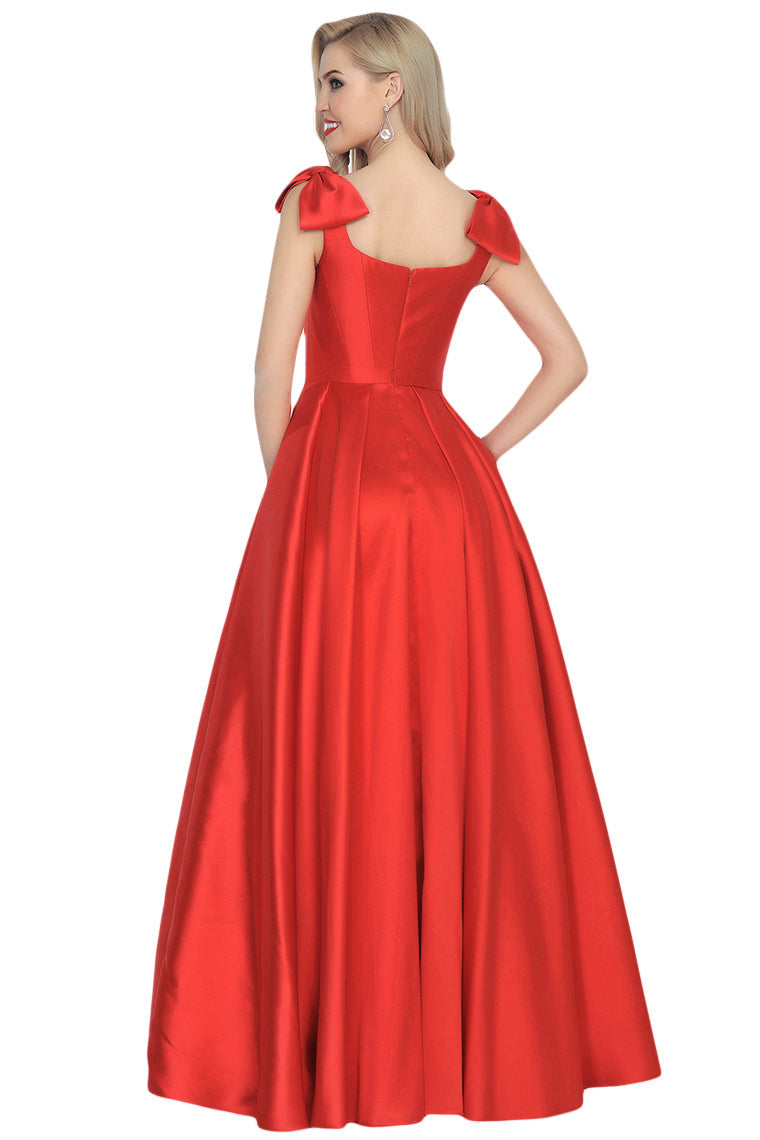 2024 V-Neck Bubble Shoulder A-Line Satin Evening Dress Floor-Length