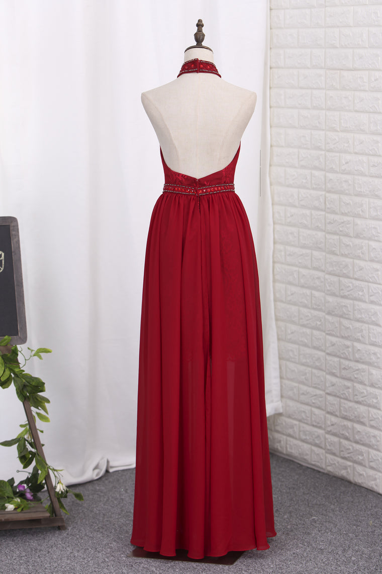 2024 Prom Dresses Sheath Halter Lace & Chiffon  Sweep Train Detachable