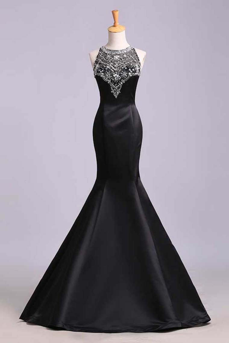 2024 Scoop Beaded Satin&Tulle Prom Dress Mermaid/Trumpet Black