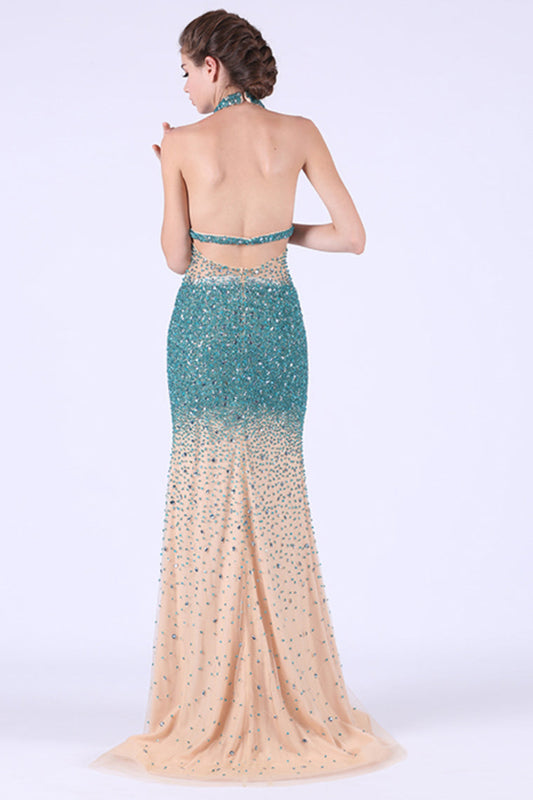 2024 Sexy Open Back Halter Tulle With Beading Mermaid Prom Dresses