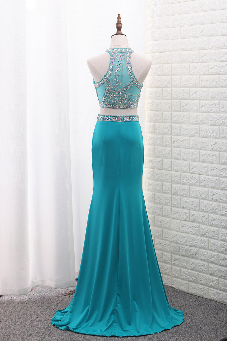 2024 Spandex Mermaid Two-Piece Scoop Prom Dresses Beaded Bodice