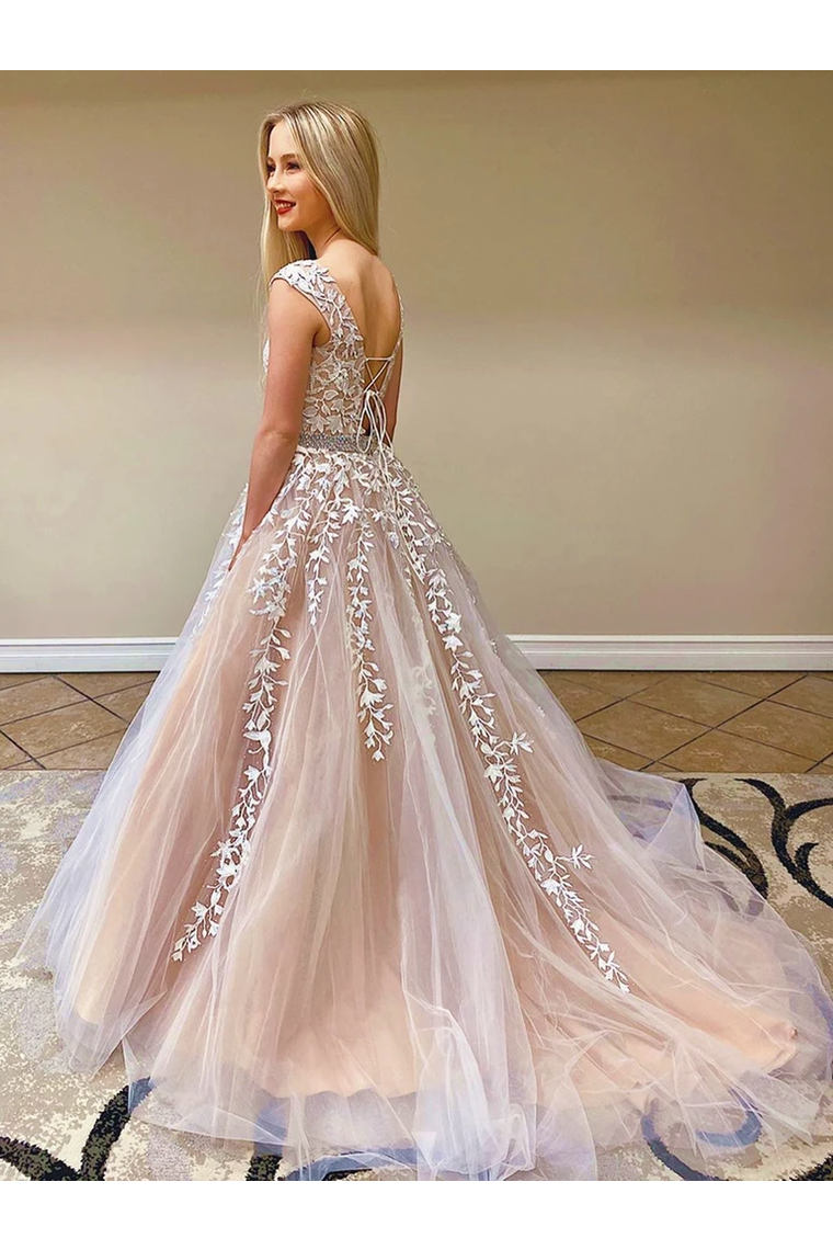 Backless Prom Dresses Appliques Lace Up Back Sweep Train