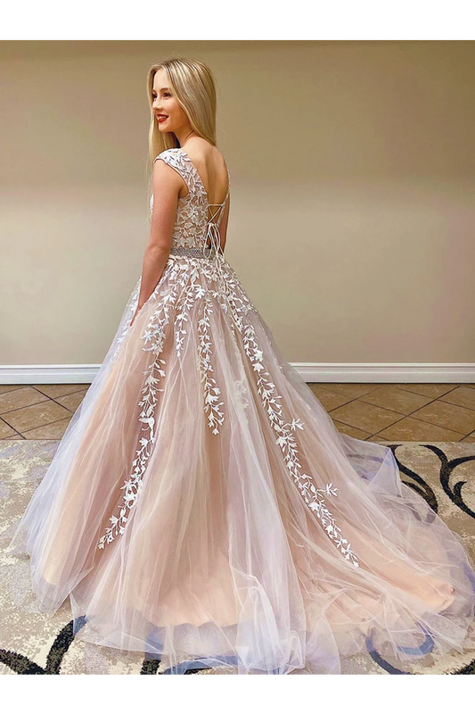 Backless Prom Dresses Appliques Lace Up Back Sweep Train