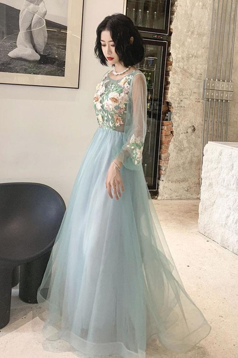 Elegant Long Sleeves Appliqued Tulle Prom Dress, Floor Length Appliques Evening Dress