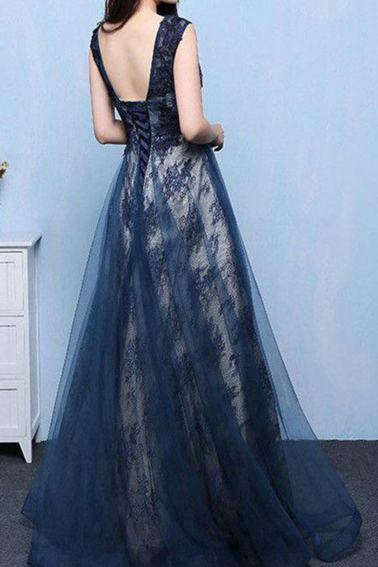 2024 Tulle & Lace Scoop With Applique A Line Sweep Train Prom Dresses