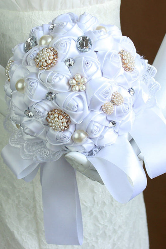 Luxury Rhinestone Pearl Satin Rose Flower Wedding Bouquet (27*18cm)