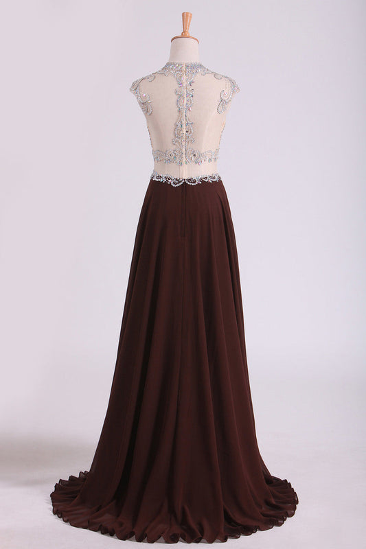 2024 Scoop Prom Dresses A Line Beaded Bodice Chiffon & Tulle With Slit Color Chocolate