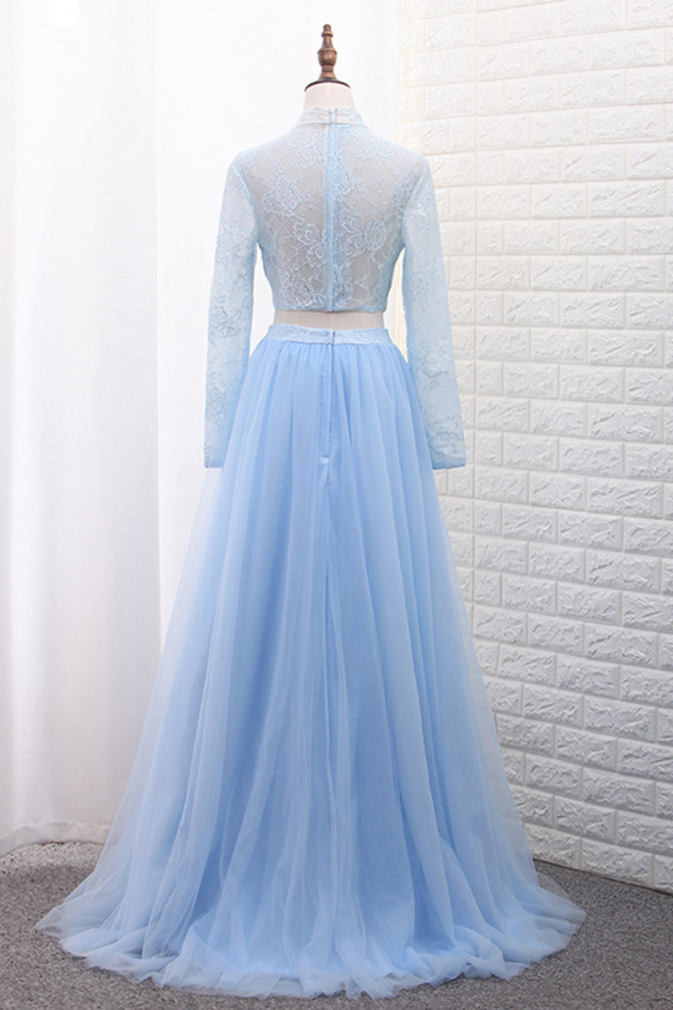 2024 Two-Piece High Neck Evening Dresses Tulle & Lace With Slit A Line