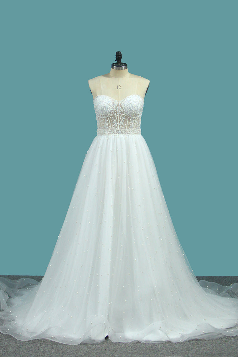 2024 Sweetheart Wedding Dresses A Line Tulle With Beads Sweep Train