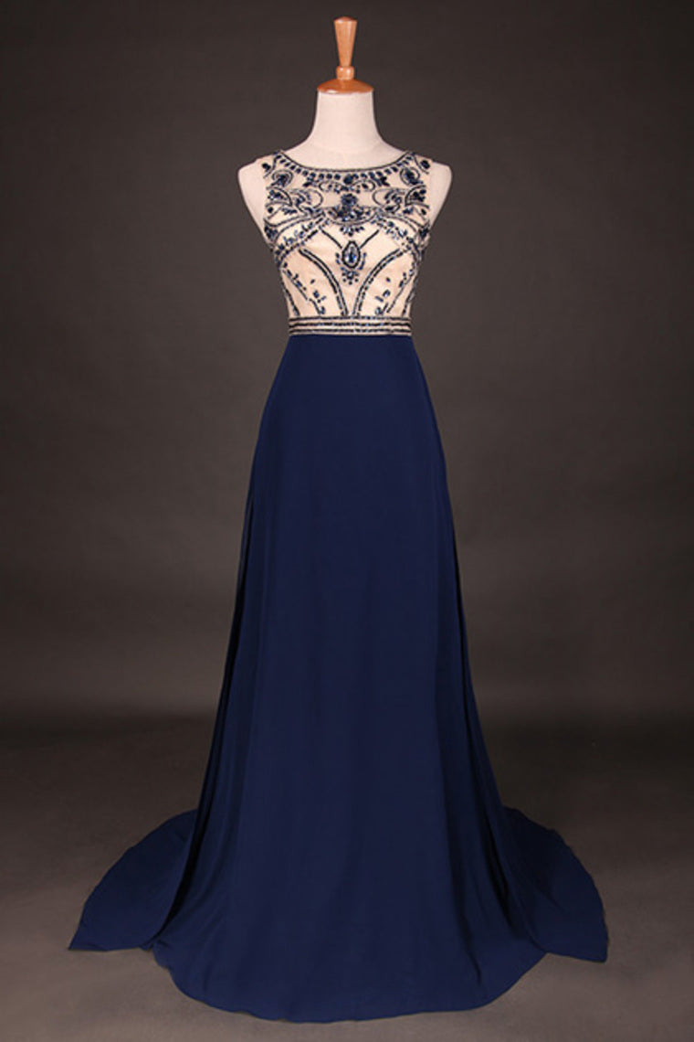 Stunning Prom Dresses Champagne Beaded Bodice And Back A-Line Scoop Sweep/Brush Chiffon